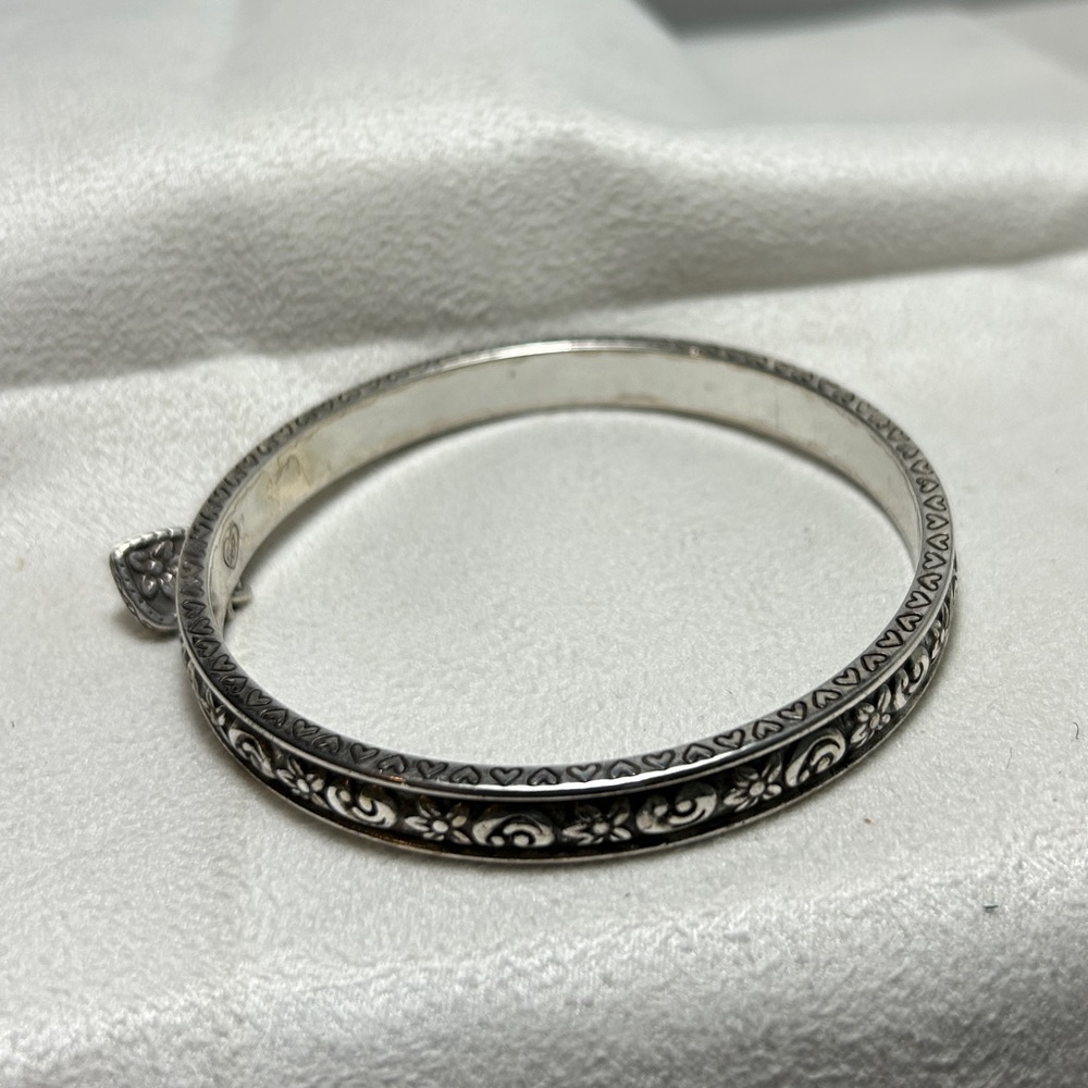 Brighton Etched Floral Bangle Bracelet with Small Heart Charm Silver Plated - Picture 9 of 13